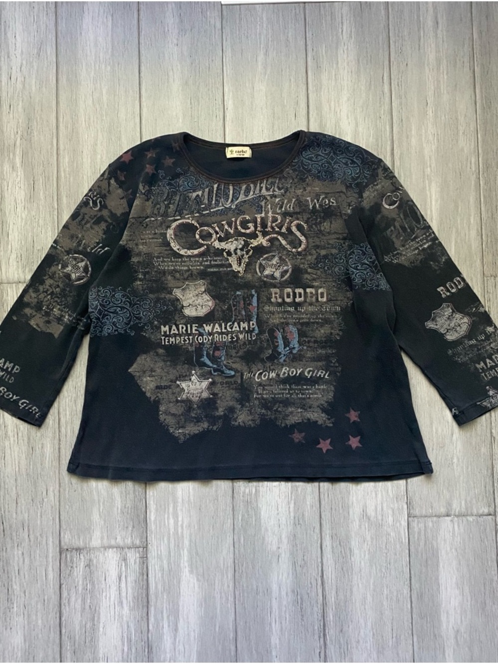 Cactus Black Graphic Cowgirl Long Sleeve Tee Rhinestones Y2K 2000s wild west